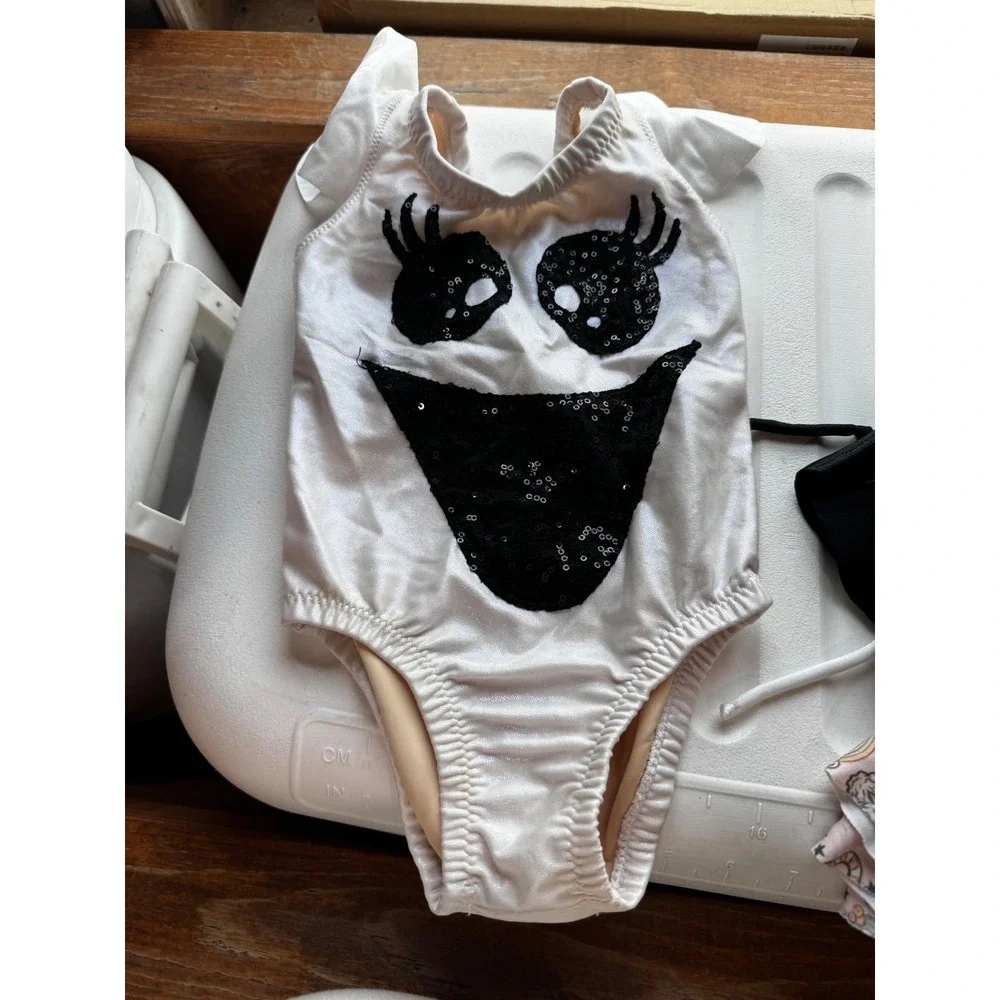 Katie Kat Designs Kids XS White Sequin Ghost Ruffle Leotard Swimsuit Halloween